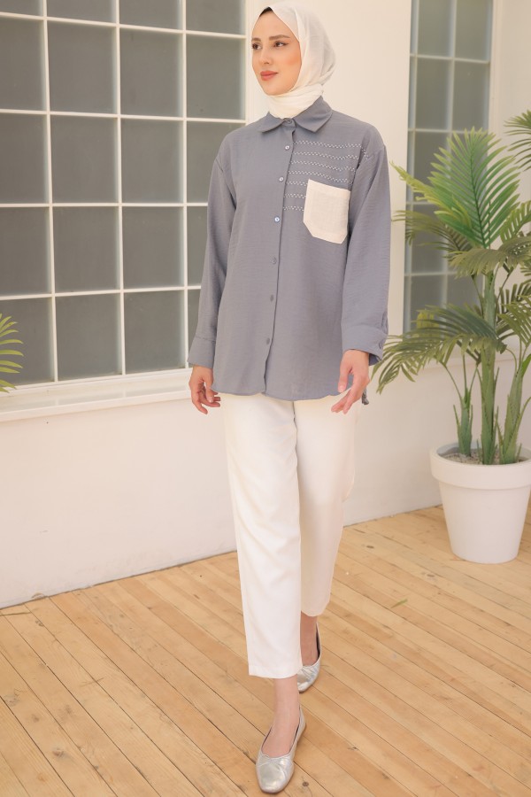 Nakış Detaylı Cepli Gömlek Gri 2061 Nakış Detaylı Cepli Gömlek Gri 2061