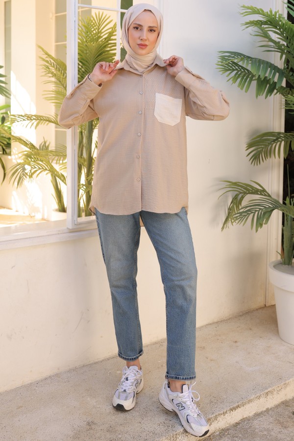 Nakış Detaylı Cepli Gömlek Vizon 2061 Nakış Detaylı Cepli Gömlek Vizon 2061