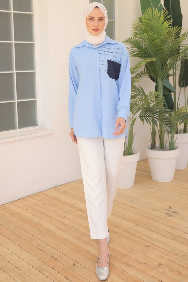 Nakış Detaylı Cepli Gömlek Açık Mavi 2061 Nakış Detaylı Cepli Gömlek Açık Mavi 2061