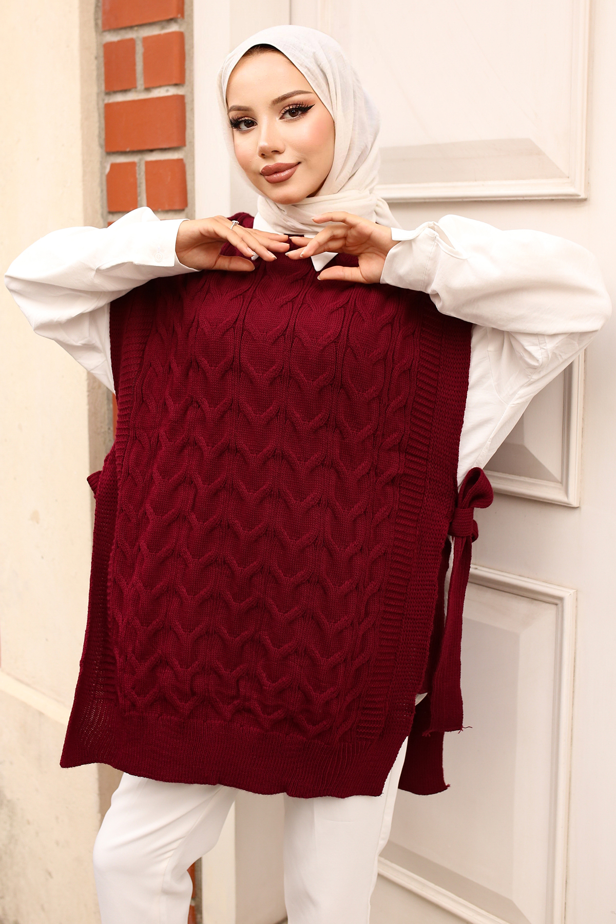 Yandan Kuşak Bağlamalı Süveter Bordo 11024 Yandan Kuşak Bağlamalı Süveter Bordo 11024