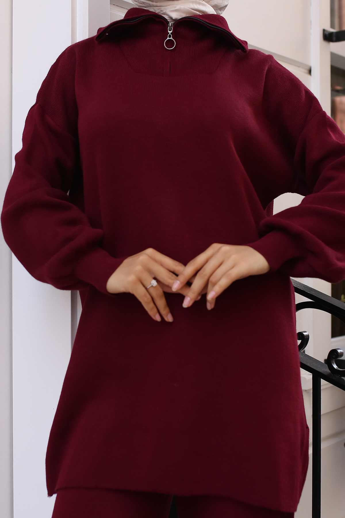 Yakası Fermuar Detaylı Triko Takım Bordo 11017-10 Yakası Fermuar Detaylı Triko Takım Bordo 11017-10