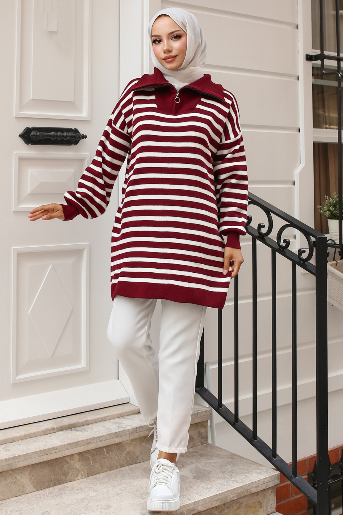 Yakası Fermuarlı Çizgili Triko Tunik Bordo 11020-03 Yakası Fermuarlı Çizgili Triko Tunik Bordo 11020-03