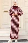 Yaka Fermuarlı Çizgili Triko Elbise Bordo 11027 Yaka Fermuarlı Çizgili Triko Elbise Bordo 11027