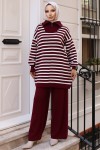 Yaka Fermuarlı Çizgili Triko Takım Bordo 11029-03 Yaka Fermuarlı Çizgili Triko Takım Bordo 11029-03