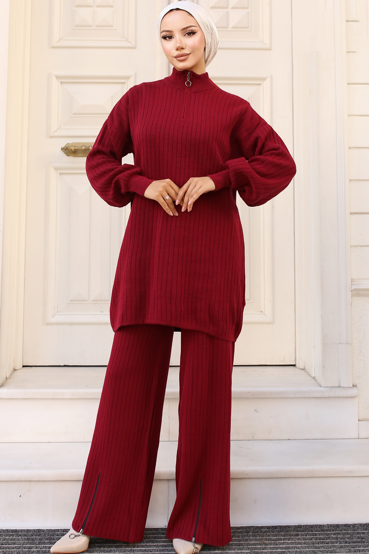 Paçası Fermuarlı Triko Takım Bordo 11030-36 Paçası Fermuarlı Triko Takım Bordo 11030-36