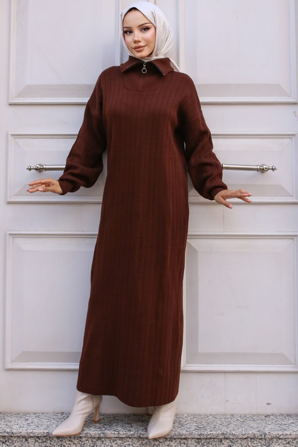  Yakası Fermuarlı Fitilli Triko Elbise Kahverengi 11032-11
