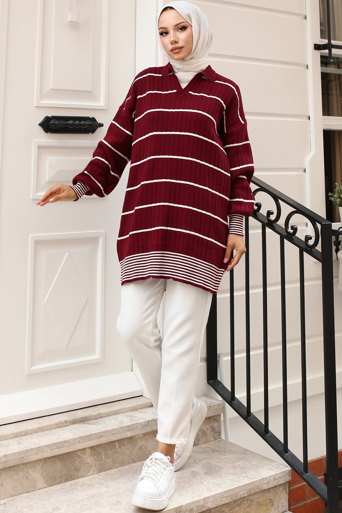 Fitilli Çizgili Triko Tunik Bordo 11033-61 Fitilli Çizgili Triko Tunik Bordo 11033-61