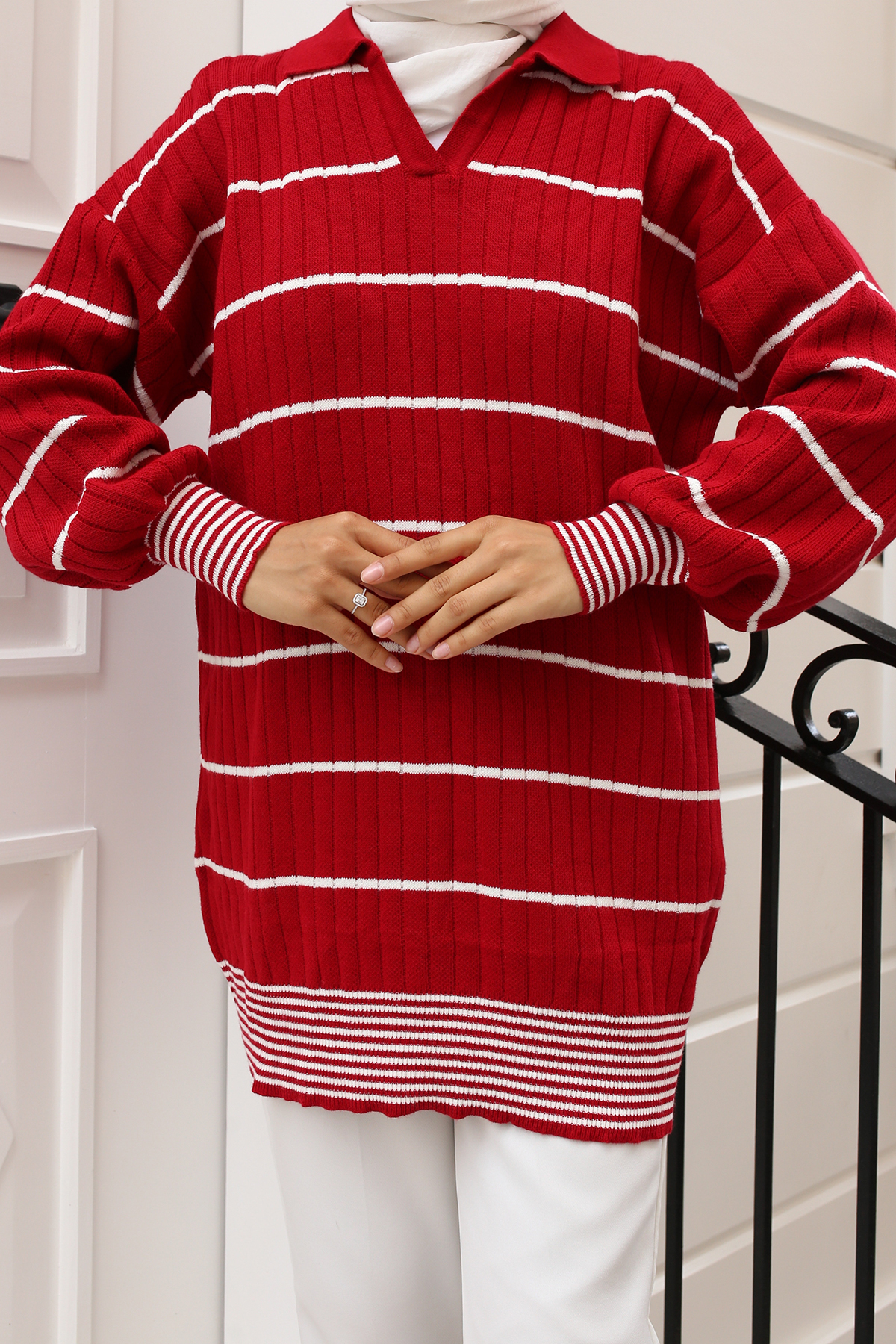 Fitilli Çizgili Triko Tunik Kırmızı 11033-61 Fitilli Çizgili Triko Tunik Kırmızı 11033-61