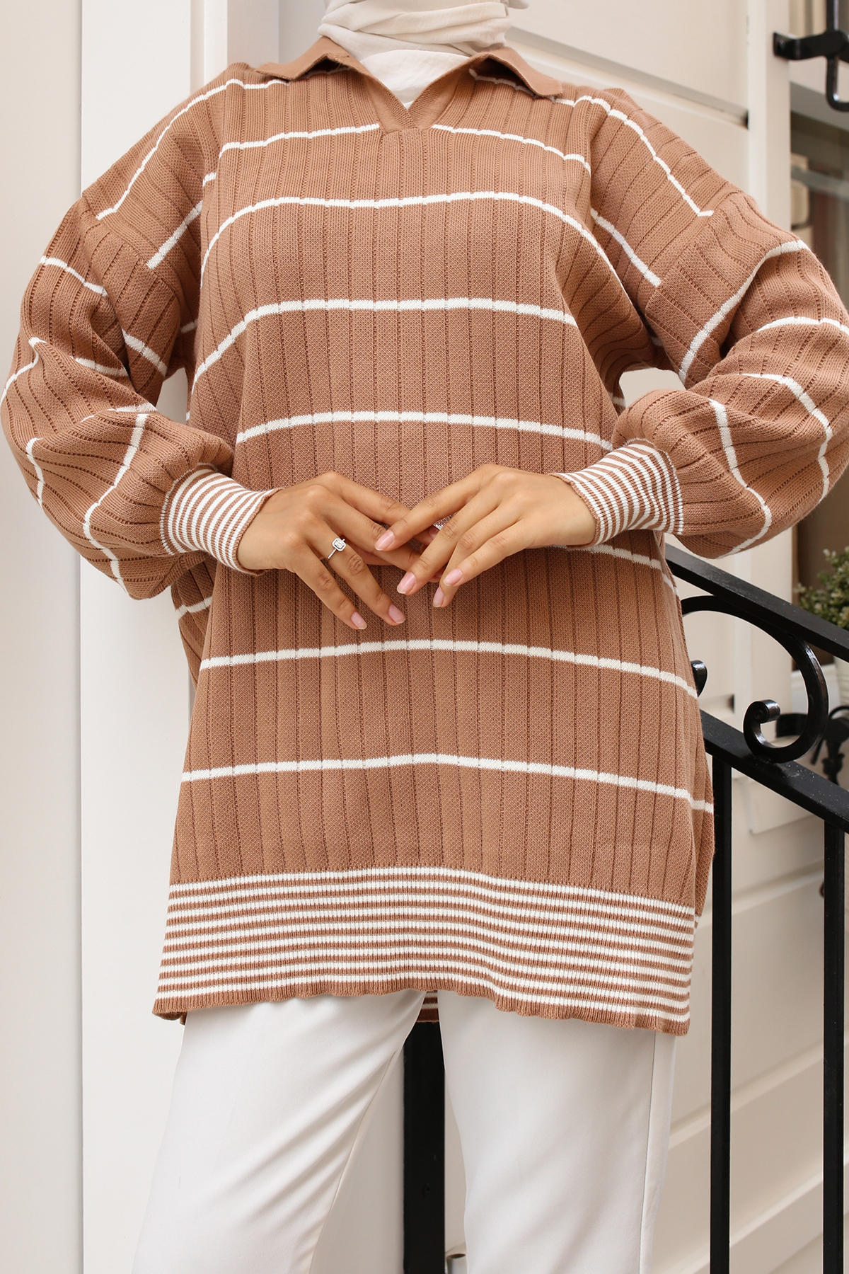 Fitilli Çizgili Triko Tunik Vizon 11033-61 Fitilli Çizgili Triko Tunik Vizon 11033-61