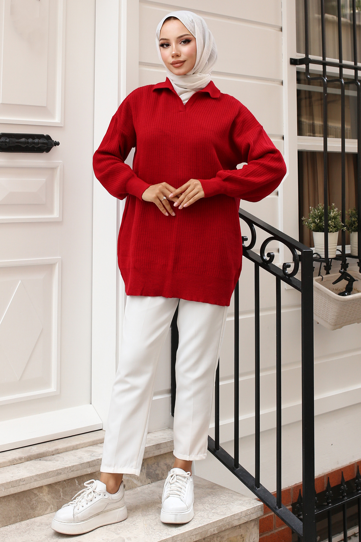 Fitilli Triko Tunik Kırmızı 11035-59 Fitilli Triko Tunik Kırmızı 11035-59