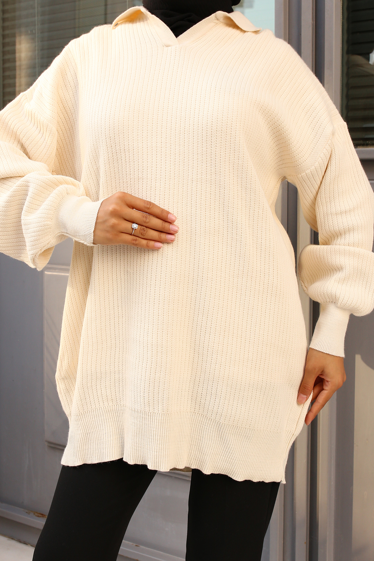 Fitilli Triko Tunik Taş Rengi 11035-59 Fitilli Triko Tunik Taş Rengi 11035-59