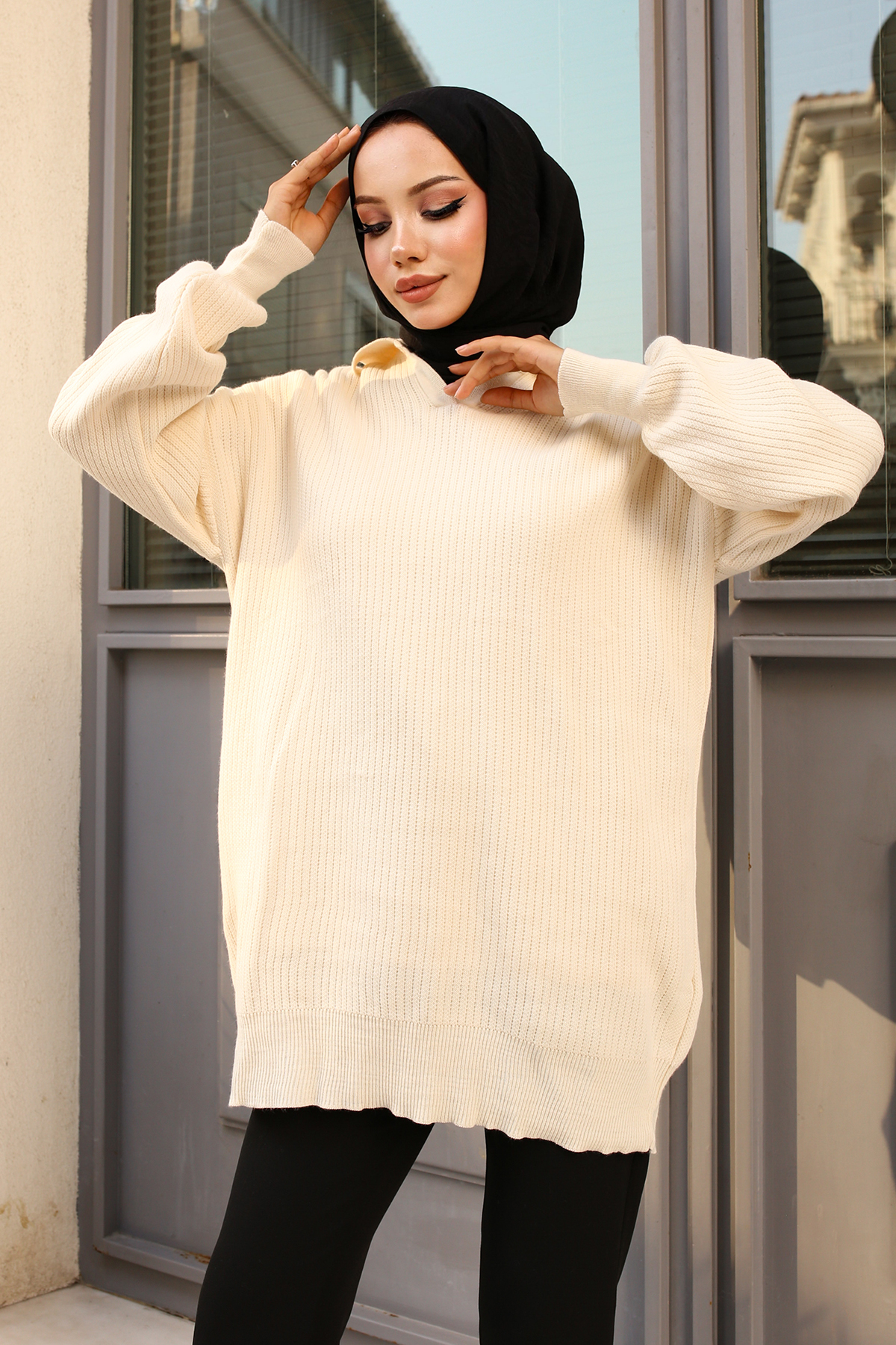 Fitilli Triko Tunik Taş Rengi 11035-59 Fitilli Triko Tunik Taş Rengi 11035-59