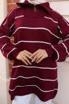 Yakası Fermuarlı Çizgili Triko Tunik Bordo 11037-30 Yakası Fermuarlı Çizgili Triko Tunik Bordo 11037-30