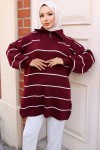 Yakası Fermuarlı Çizgili Triko Tunik Bordo 11037-30 Yakası Fermuarlı Çizgili Triko Tunik Bordo 11037-30
