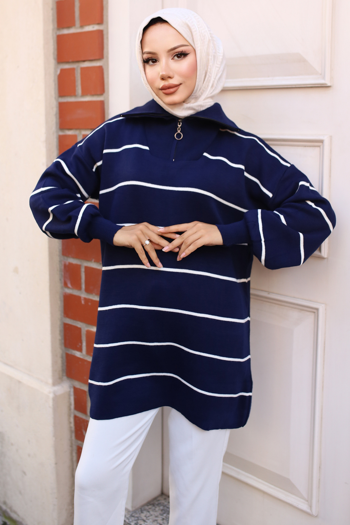 Yakası Fermuarlı Çizgili Triko Tunik Lacivert 11037-30 Yakası Fermuarlı Çizgili Triko Tunik Lacivert 11037-30