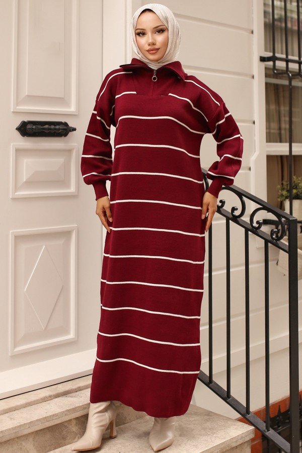 Yakası Fermuar Detaylı Çizgili Triko Elbise Bordo 11038-14 Yakası Fermuar Detaylı Çizgili Triko Elbise Bordo 11038-14