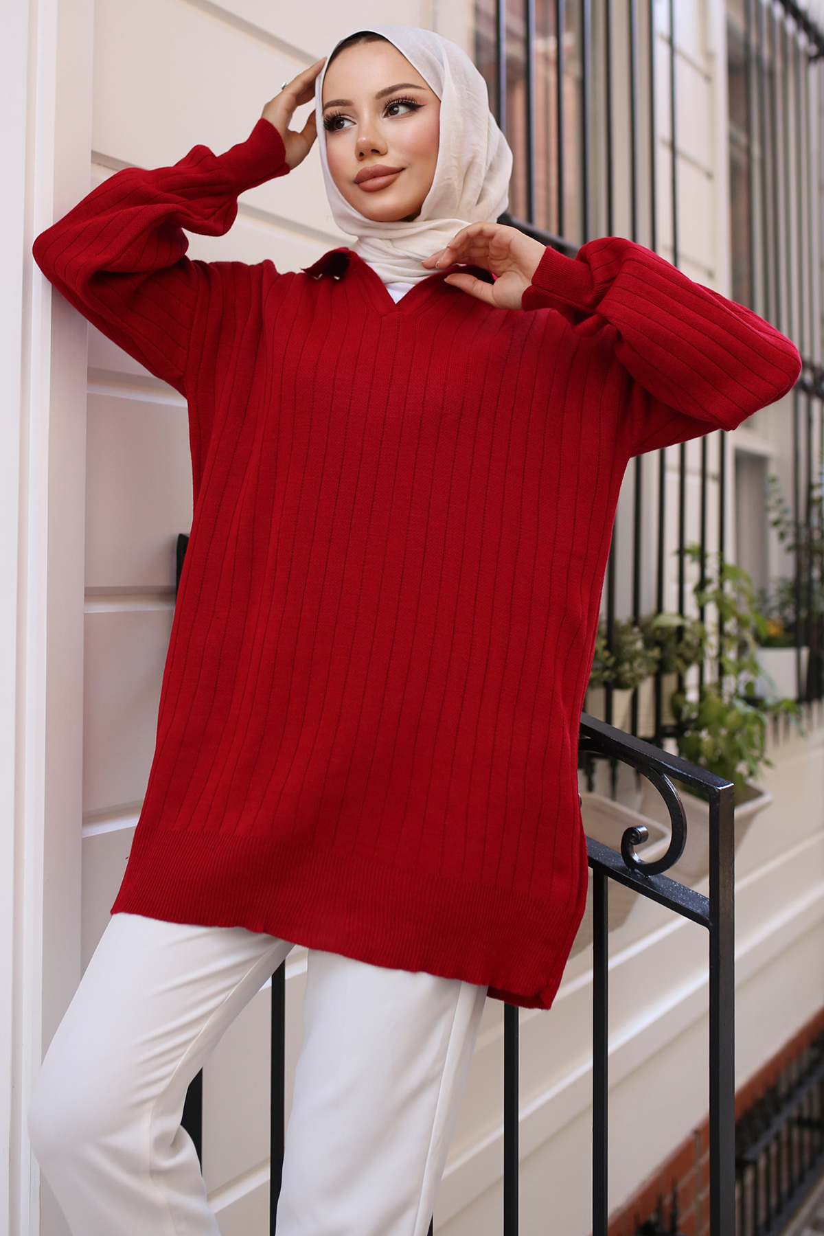 Fitilli Triko Tunik Kırmızı 11039-63 Fitilli Triko Tunik Kırmızı 11039-63