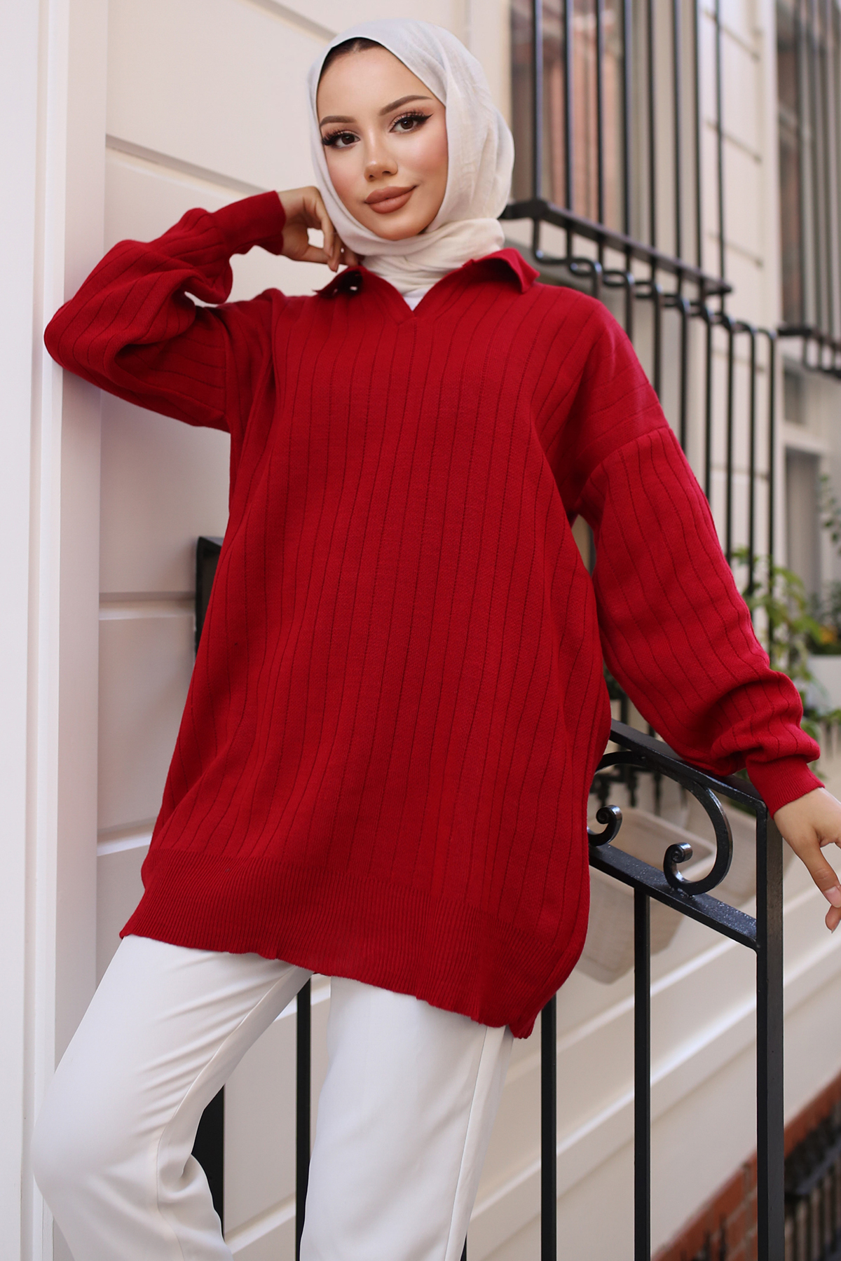 Fitilli Triko Tunik Kırmızı 11039-63 Fitilli Triko Tunik Kırmızı 11039-63