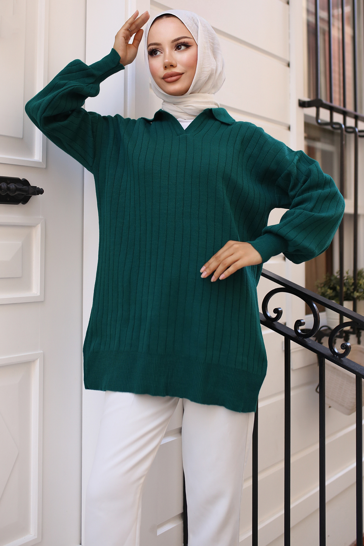  Fitilli Triko Tunik Zümrüt Yeşili 11039-63
