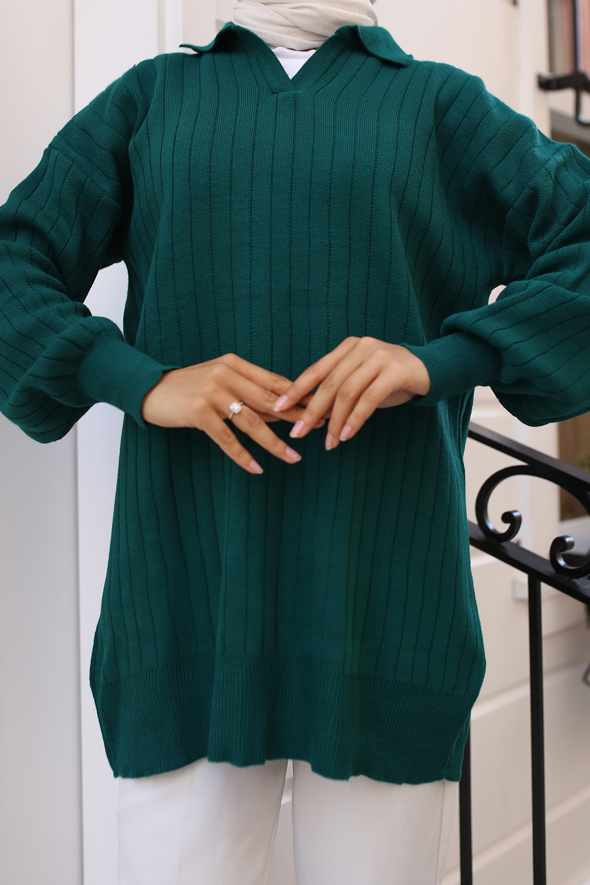  Fitilli Triko Tunik Zümrüt Yeşili 11039-63