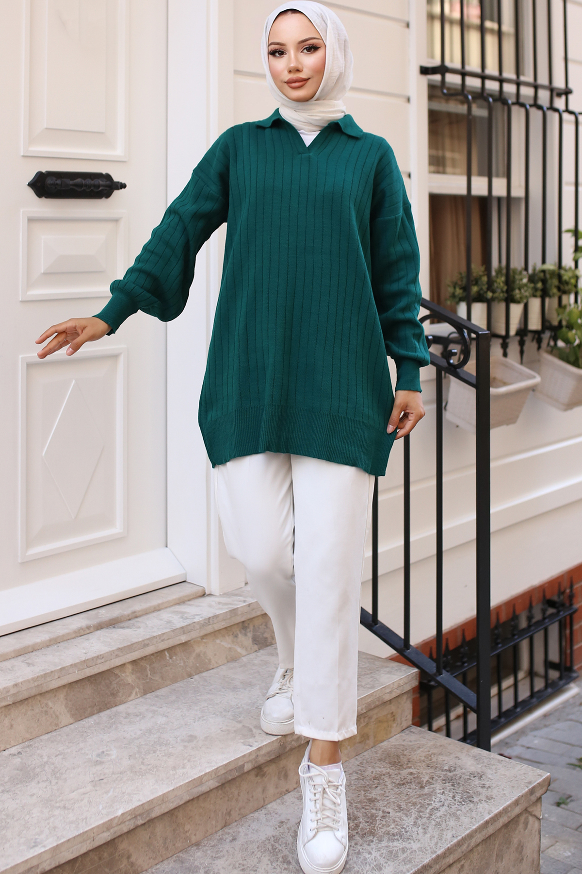  Fitilli Triko Tunik Zümrüt Yeşili 11039-63