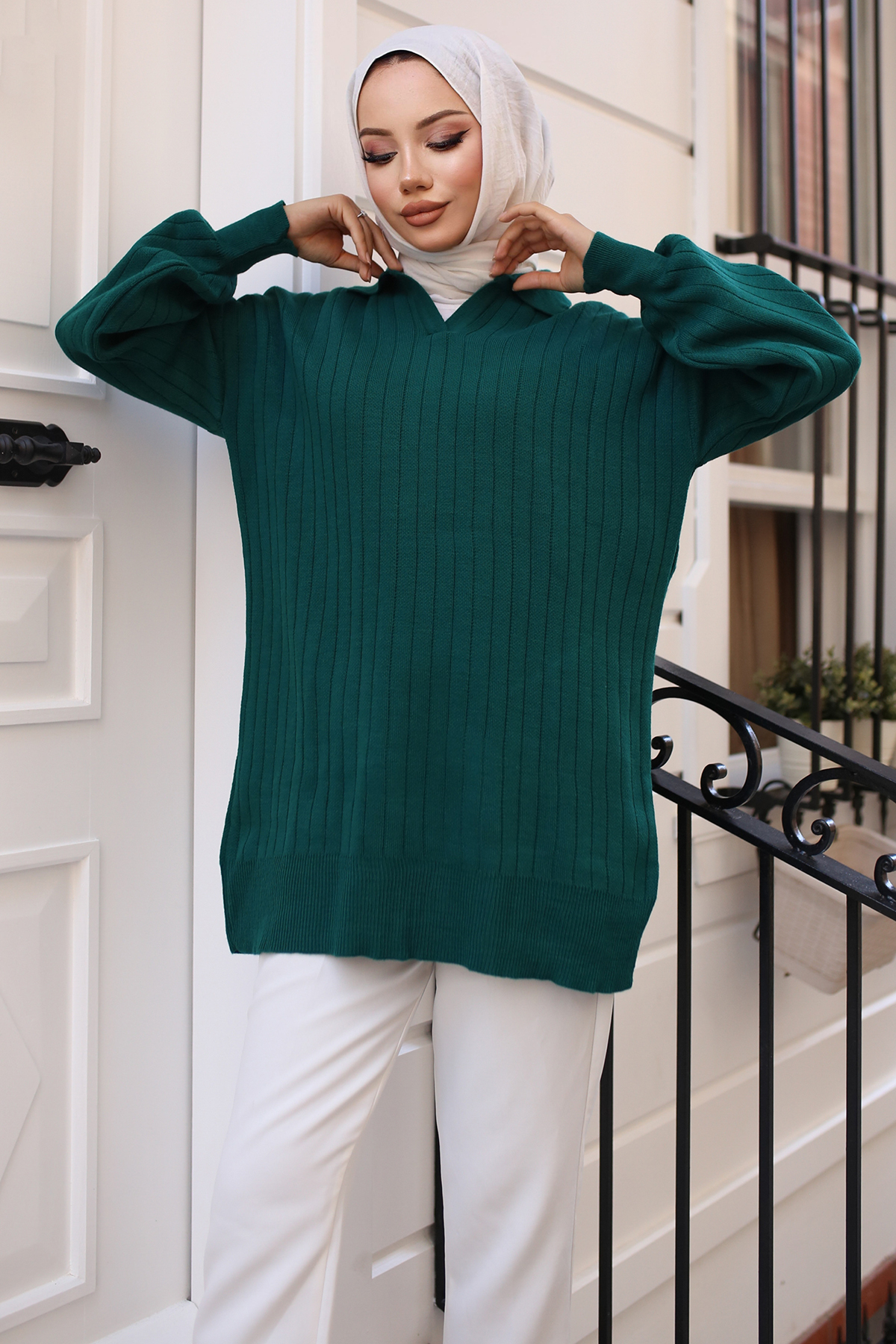  Fitilli Triko Tunik Zümrüt Yeşili 11039-63