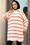 Yakası Fermuarlı Çizgili Triko Tunik Oranj 11044-02 Yakası Fermuarlı Çizgili Triko Tunik Oranj 11044-02