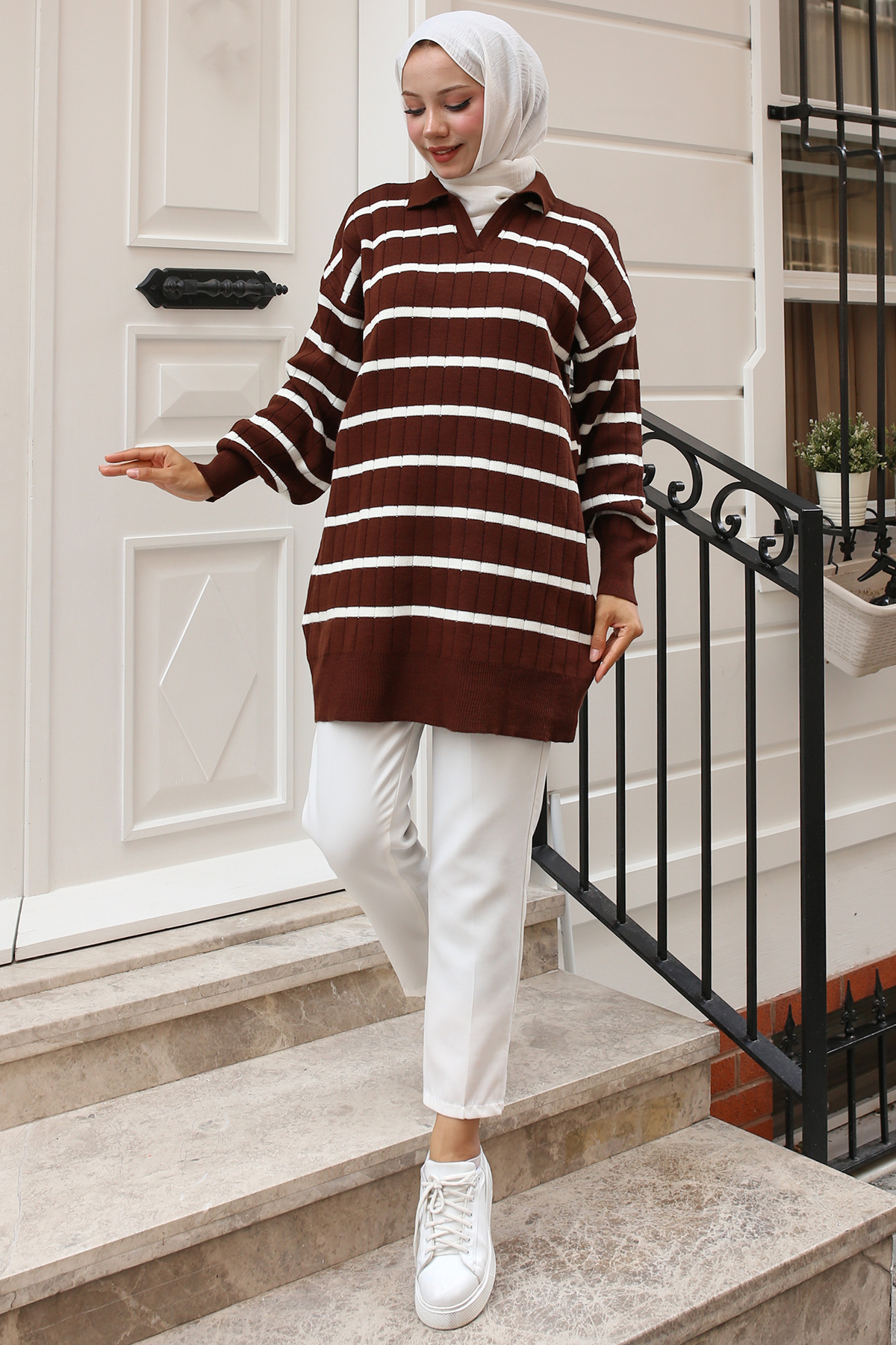 Fitilli Çizgili Triko Tunik Kahverengi 11045-62 Fitilli Çizgili Triko Tunik Kahverengi 11045-62