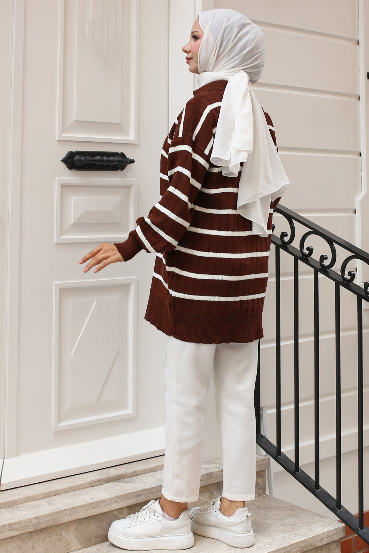 Fitilli Çizgili Triko Tunik Kahverengi 11045-62 Fitilli Çizgili Triko Tunik Kahverengi 11045-62