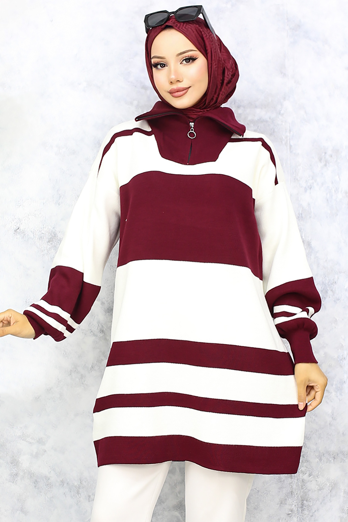 Boğazı Fermuarlı Triko Tunik Bordo 11046-20 Boğazı Fermuarlı Triko Tunik Bordo 11046-20