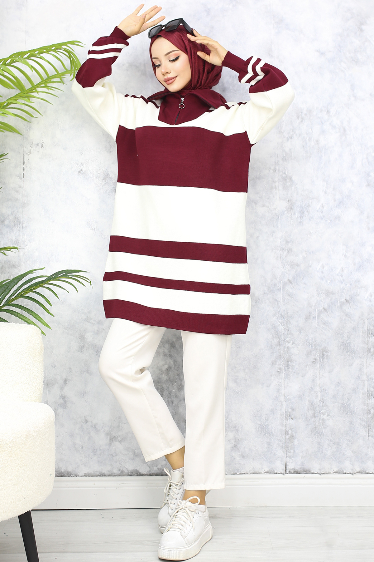 Boğazı Fermuarlı Triko Tunik Bordo 11046-20 Boğazı Fermuarlı Triko Tunik Bordo 11046-20