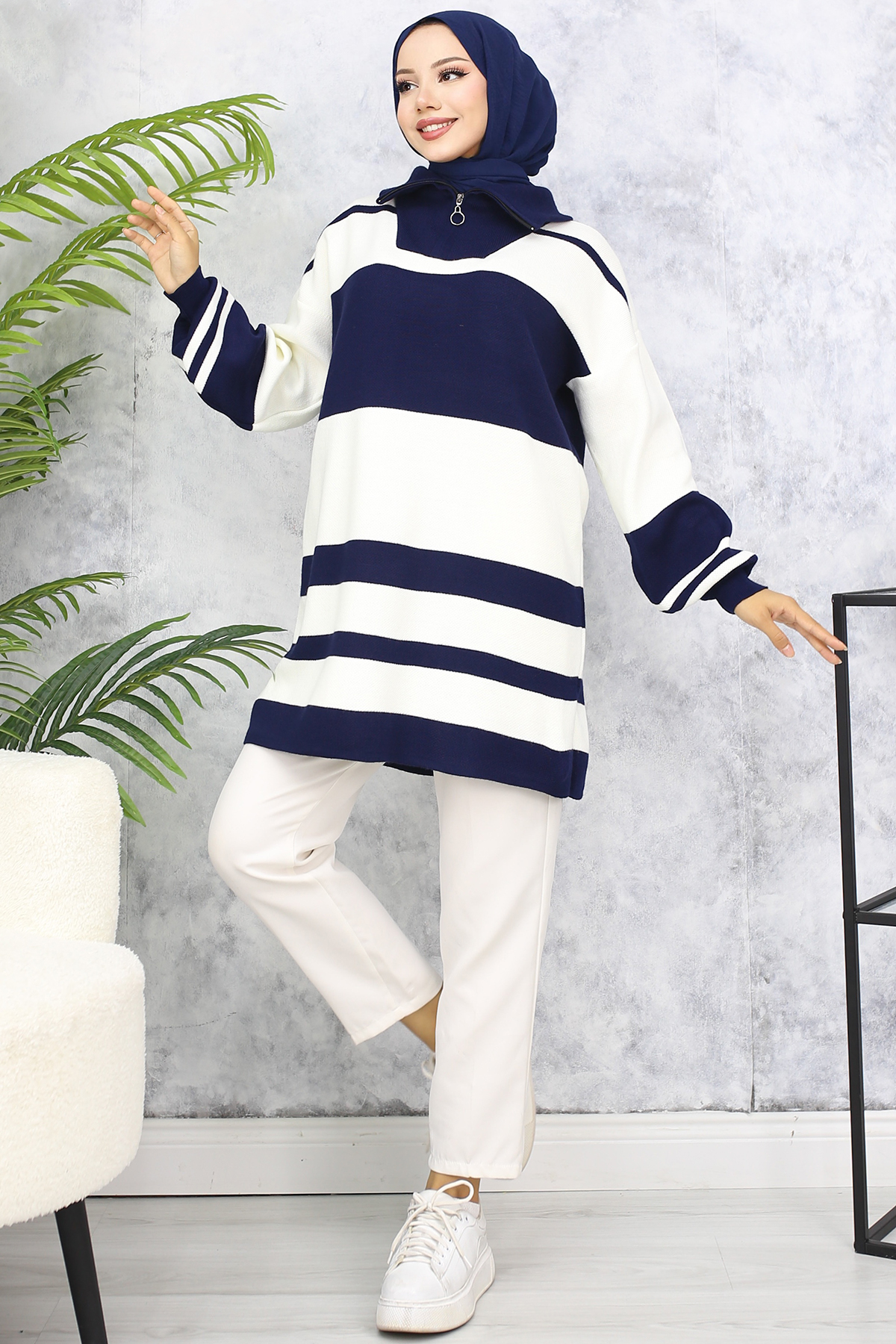 Boğazı Fermuarlı Triko Tunik Lacivert 11046-20 Boğazı Fermuarlı Triko Tunik Lacivert 11046-20
