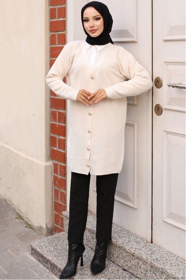 Düğme Detaylı Fitilli Hırka Taş Rengi 3091 Düğme Detaylı Fitilli Hırka Taş Rengi 3091