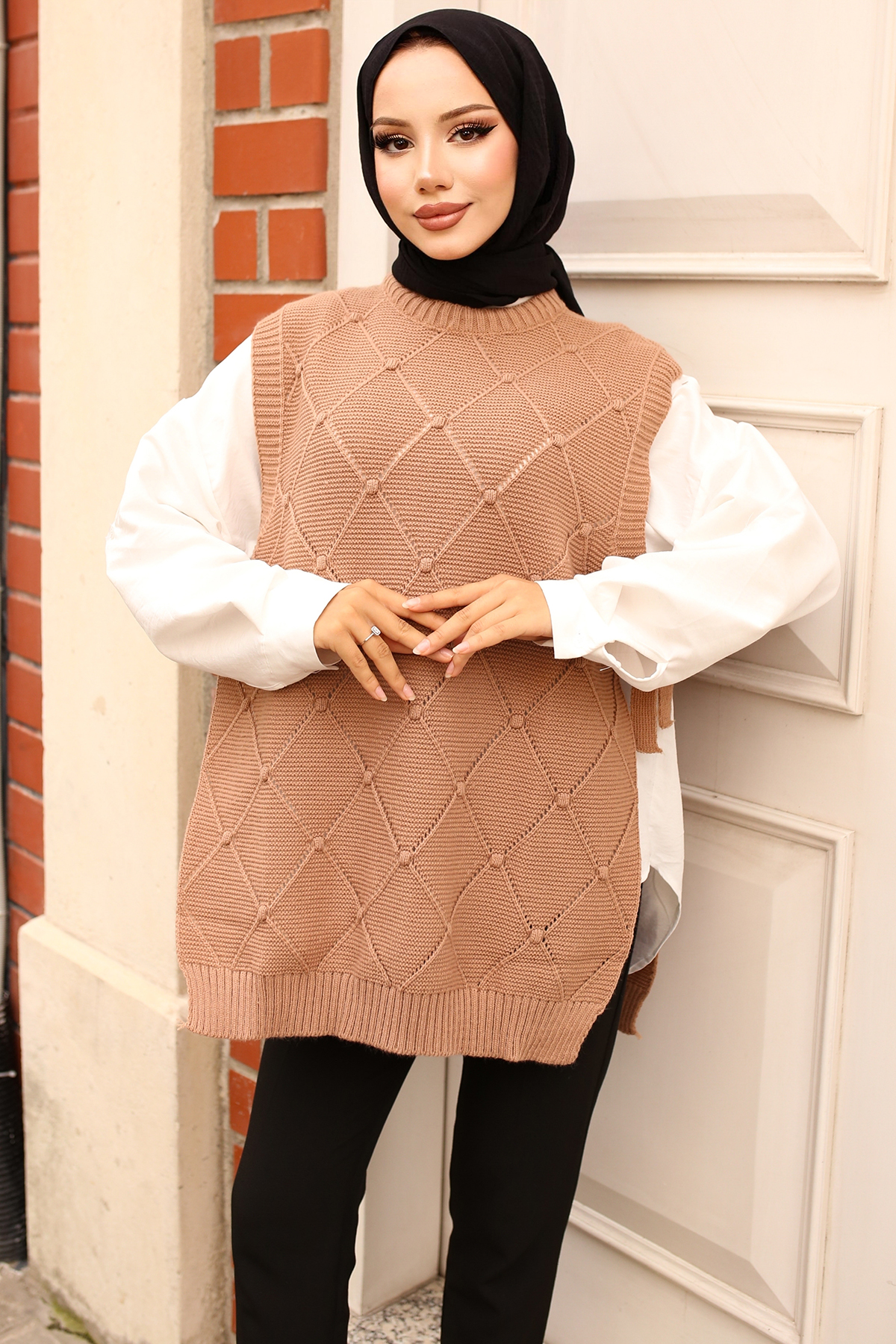  Yanları Bağlamalı Baklava Desenli Süveter Vizon 4037-1