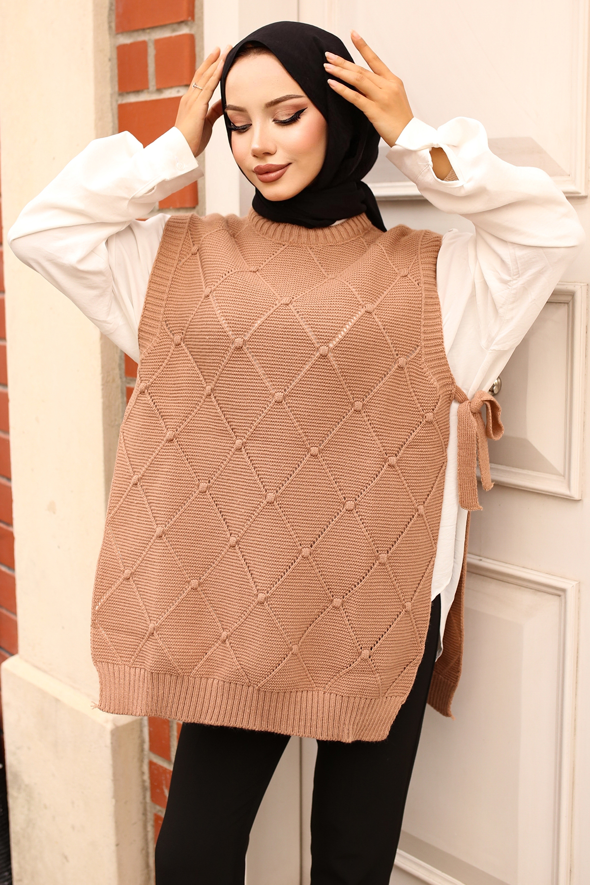  Yanları Bağlamalı Baklava Desenli Süveter Vizon 4037-1