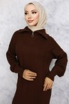 Yakası Fermuarlı Fitilli Triko Elbise Kahverengi 11028-09 Yakası Fermuarlı Fitilli Triko Elbise Kahverengi 11028-09