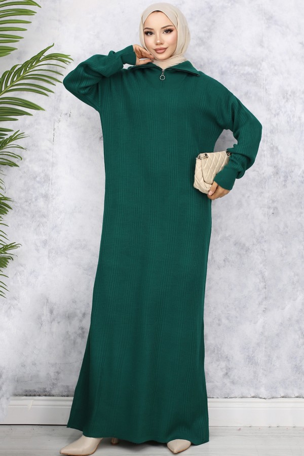 Yakası Fermuarlı Fitilli Triko Elbise Zümrüt Yeşili 11028-09 Yakası Fermuarlı Fitilli Triko Elbise Zümrüt Yeşili 11028-09