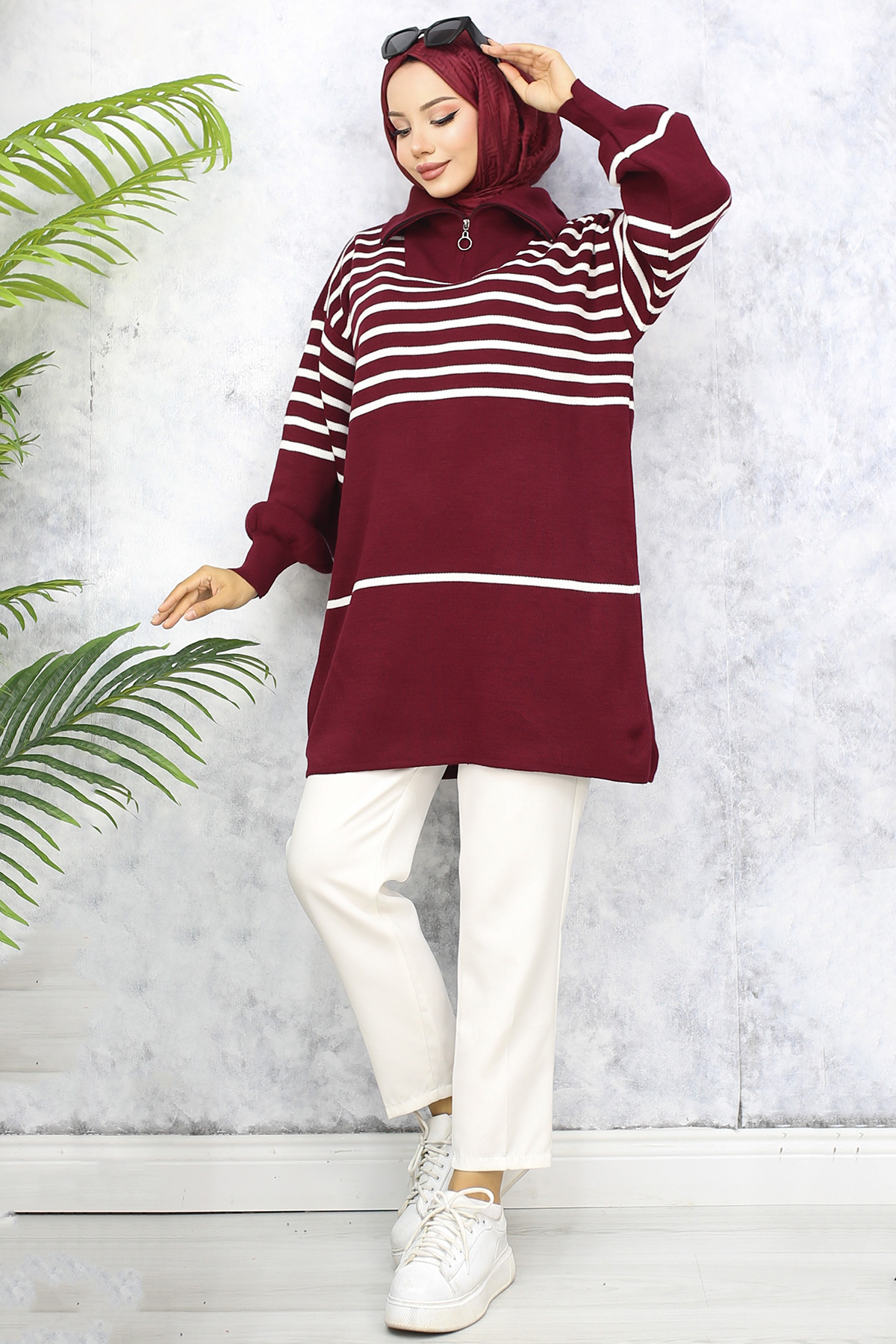 Çizgili Triko Tunik Bordo 11047-22 Çizgili Triko Tunik Bordo 11047-22