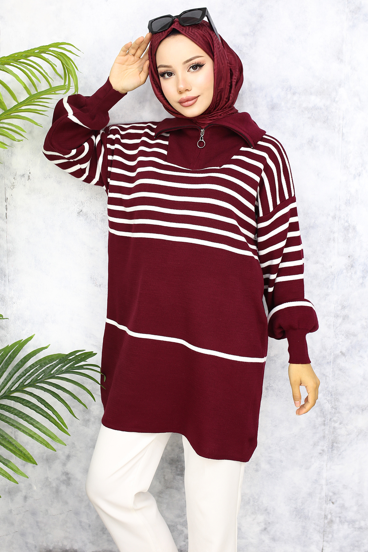 Çizgili Triko Tunik Bordo 11047-22 Çizgili Triko Tunik Bordo 11047-22