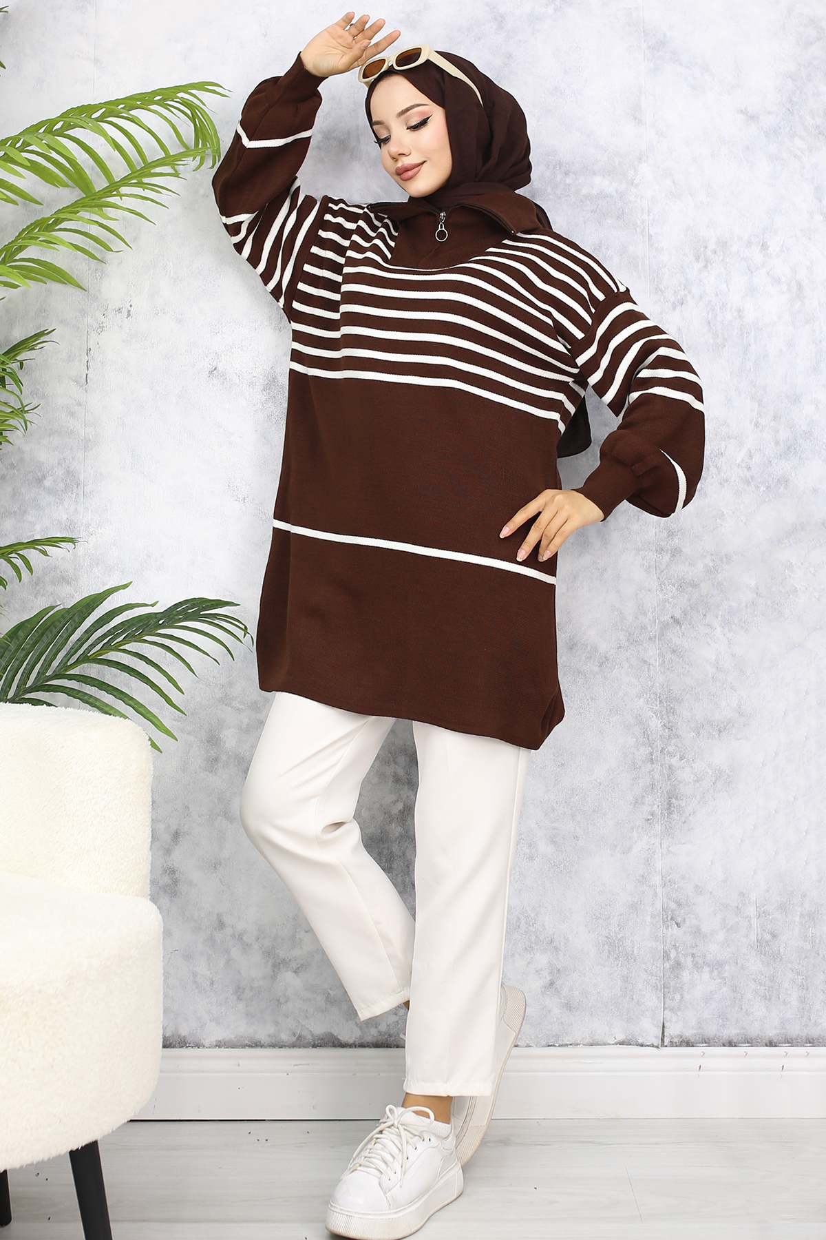 Çizgili Triko Tunik Kahverengi 11047-22 Çizgili Triko Tunik Kahverengi 11047-22