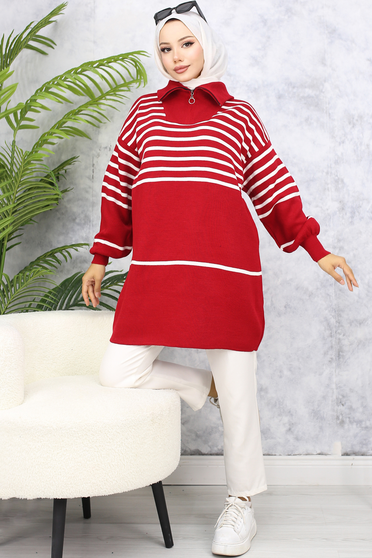 Çizgili Triko Tunik Kırmızı 11047-22 Çizgili Triko Tunik Kırmızı 11047-22