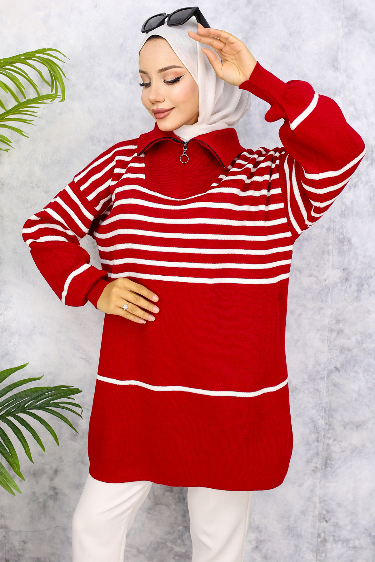 Çizgili Triko Tunik Kırmızı 11047-22 Çizgili Triko Tunik Kırmızı 11047-22