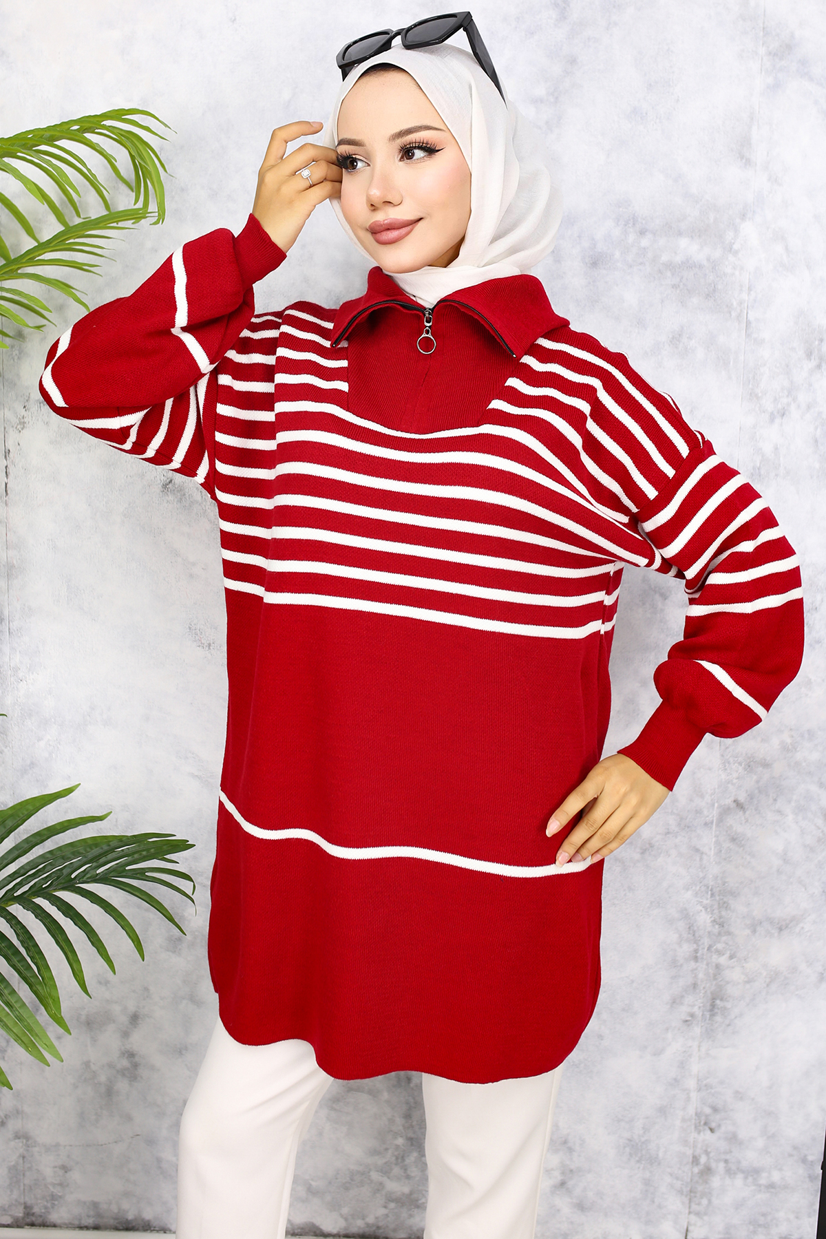 Çizgili Triko Tunik Kırmızı 11047-22 Çizgili Triko Tunik Kırmızı 11047-22