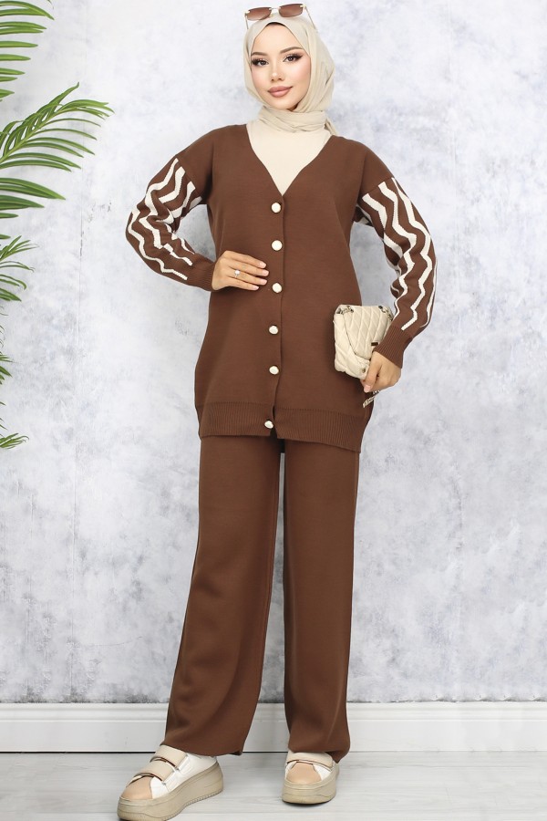 Kolları Desenli Triko Takım Kahverengi 4064 Kolları Desenli Triko Takım Kahverengi 4064