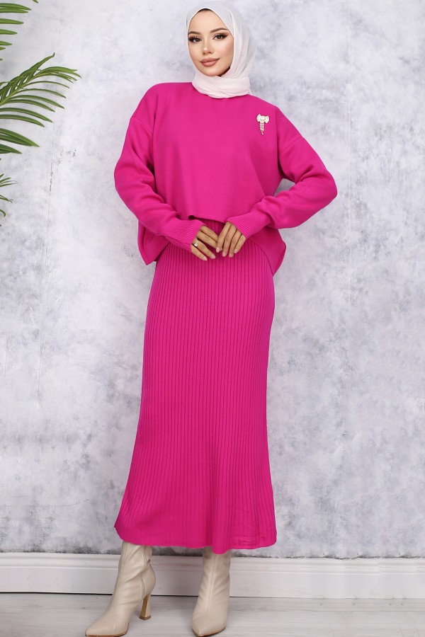 Balıkçı Yaka Broş Detaylı Jile Triko Takım Fuşya 6110 Balıkçı Yaka Broş Detaylı Jile Triko Takım Fuşya 6110