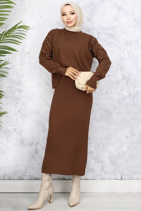 İnci Detaylı Jile Triko Takım Kahverengi 6109 İnci Detaylı Jile Triko Takım Kahverengi 6109