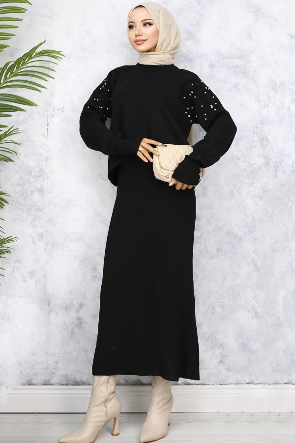 İnci Detaylı Jile Triko Takım Siyah 6109 İnci Detaylı Jile Triko Takım Siyah 6109
