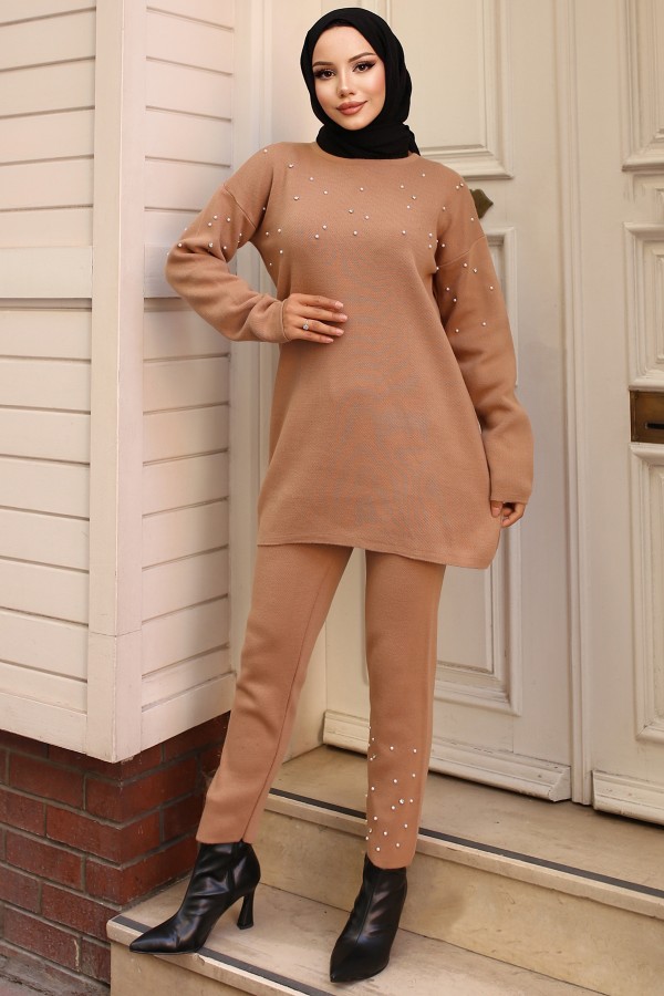 Taş Detaylı Triko Takım Vizon 6205 Taş Detaylı Triko Takım Vizon 6205