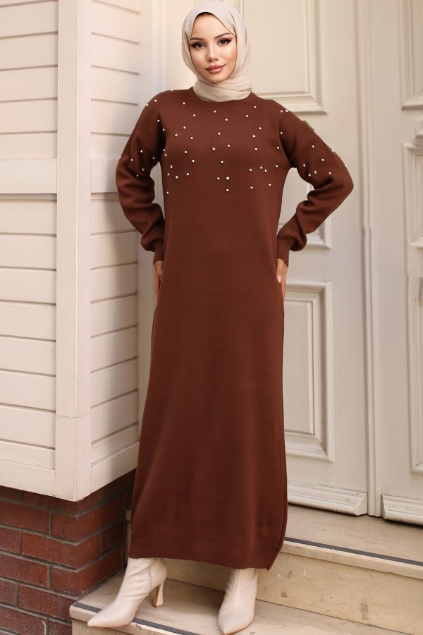 İnci Detaylı Triko Elbise Kahverengi 6079 İnci Detaylı Triko Elbise Kahverengi 6079