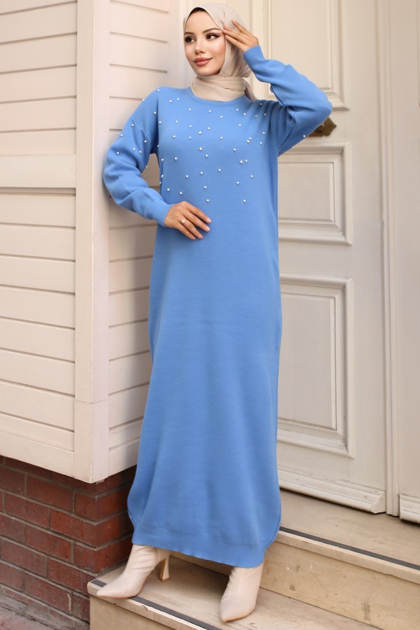 İnci Detaylı Triko Elbise Mavi 6079 İnci Detaylı Triko Elbise Mavi 6079